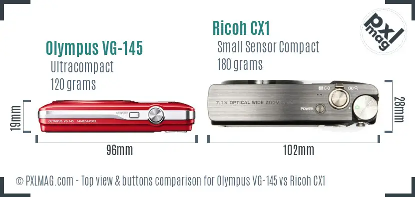 Olympus VG-145 vs Ricoh CX1 top view buttons comparison