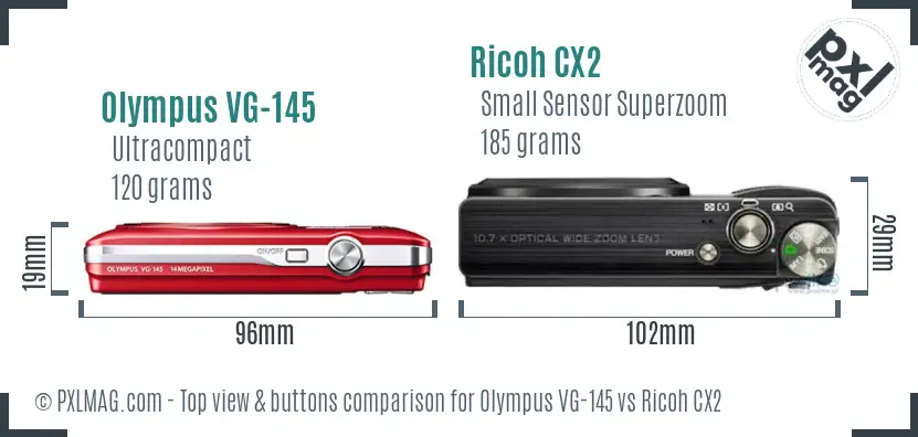Olympus VG-145 vs Ricoh CX2 top view buttons comparison
