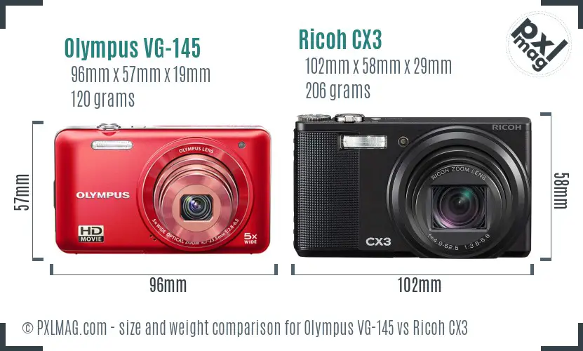 Olympus VG-145 vs Ricoh CX3 size comparison