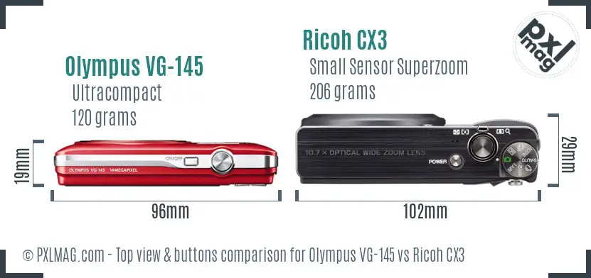 Olympus VG-145 vs Ricoh CX3 top view buttons comparison