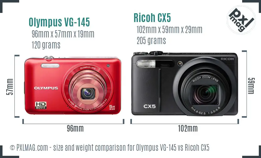 Olympus VG-145 vs Ricoh CX5 size comparison
