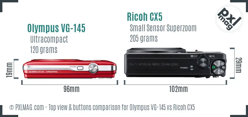 Olympus VG-145 vs Ricoh CX5 top view buttons comparison
