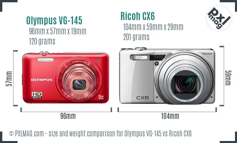 Olympus VG-145 vs Ricoh CX6 size comparison