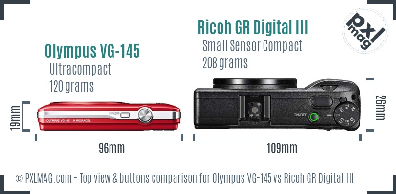 Olympus VG-145 vs Ricoh GR Digital III top view buttons comparison