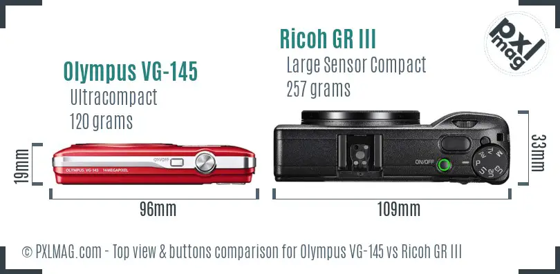 Olympus VG-145 vs Ricoh GR III top view buttons comparison