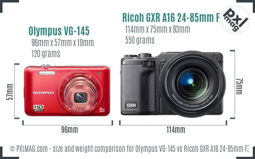 Olympus VG-145 vs Ricoh GXR A16 24-85mm F3.5-5.5 size comparison