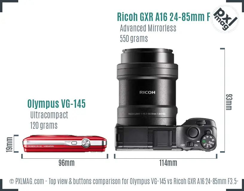 Olympus VG-145 vs Ricoh GXR A16 24-85mm F3.5-5.5 top view buttons comparison