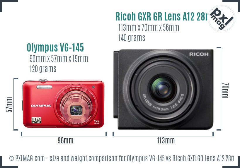 Olympus VG-145 vs Ricoh GXR GR Lens A12 28mm F2.5 size comparison Olympus VG-145 vs Ricoh GXR GR Lens A12 28mm F2.5 size comparison