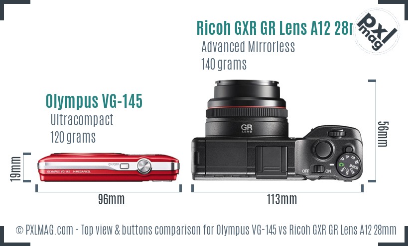 Olympus VG-145 vs Ricoh GXR GR Lens A12 28mm F2.5 top view buttons comparison