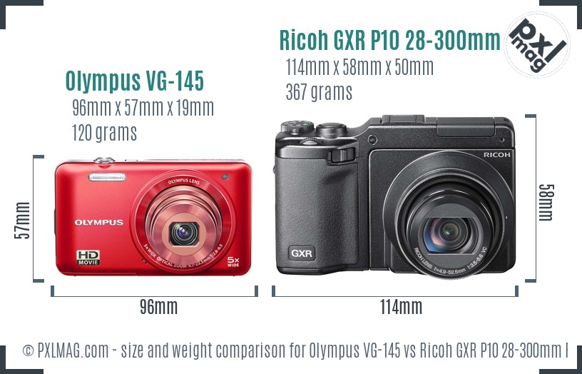 Olympus VG-145 vs Ricoh GXR P10 28-300mm F3.5-5.6 VC size comparison