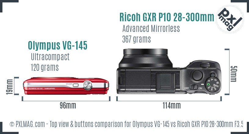 Olympus VG-145 vs Ricoh GXR P10 28-300mm F3.5-5.6 VC top view buttons comparison