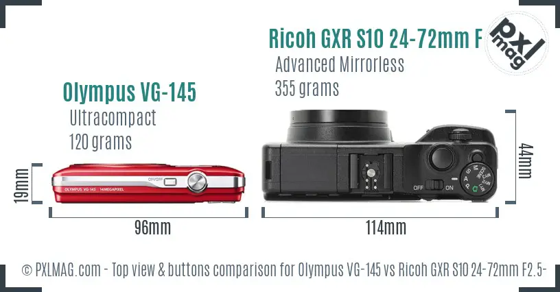 Olympus VG-145 vs Ricoh GXR S10 24-72mm F2.5-4.4 VC top view buttons comparison