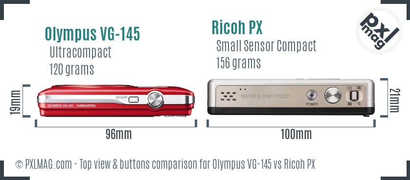 Olympus VG-145 vs Ricoh PX top view buttons comparison
