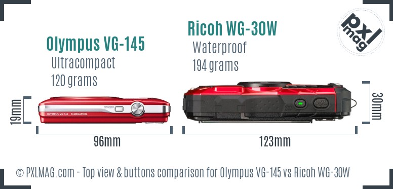 Olympus VG-145 vs Ricoh WG-30W top view buttons comparison