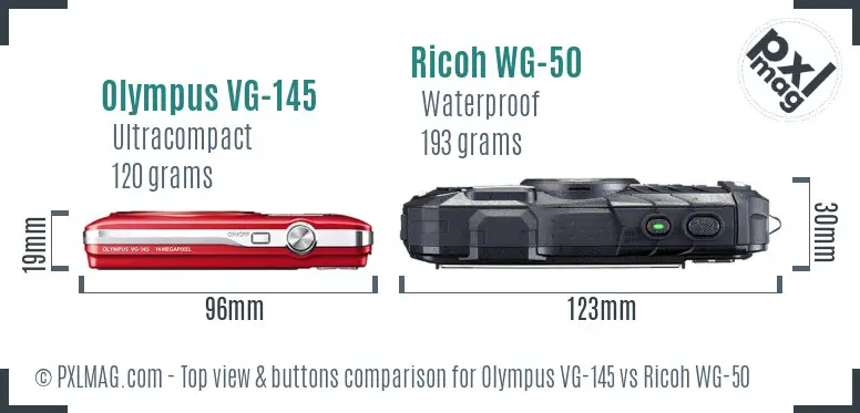 Olympus VG-145 vs Ricoh WG-50 top view buttons comparison Olympus VG-145 vs Ricoh WG-50 top view buttons comparison