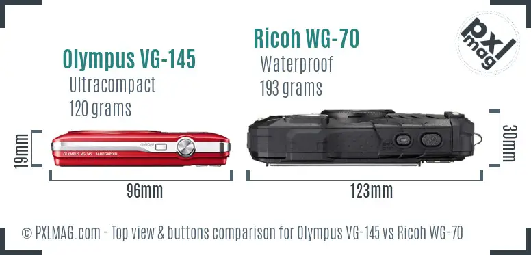 Olympus VG-145 vs Ricoh WG-70 top view buttons comparison