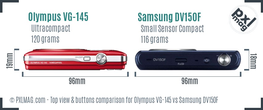 Olympus VG-145 vs Samsung DV150F top view buttons comparison