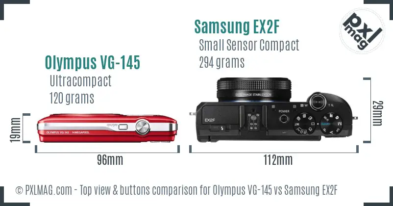 Olympus VG-145 vs Samsung EX2F top view buttons comparison