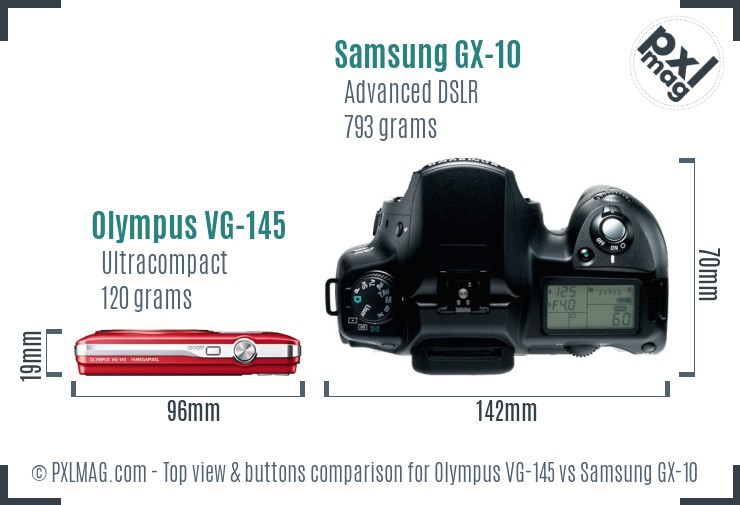 Olympus VG-145 vs Samsung GX-10 top view buttons comparison