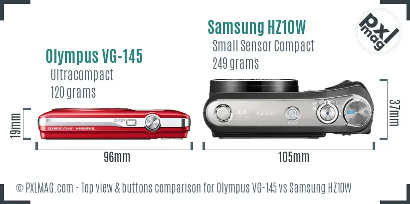 Olympus VG-145 vs Samsung HZ10W top view buttons comparison