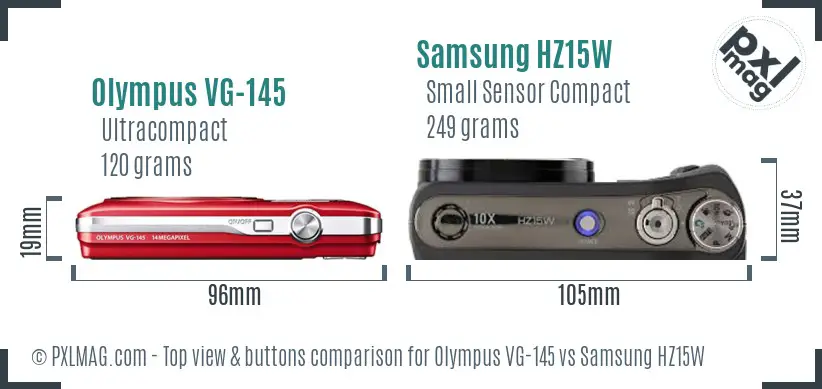 Olympus VG-145 vs Samsung HZ15W top view buttons comparison