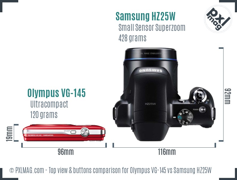 Olympus VG-145 vs Samsung HZ25W top view buttons comparison