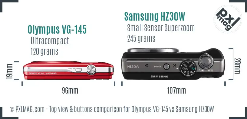 Olympus VG-145 vs Samsung HZ30W top view buttons comparison