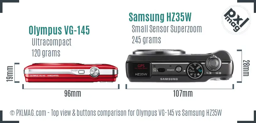 Olympus VG-145 vs Samsung HZ35W top view buttons comparison