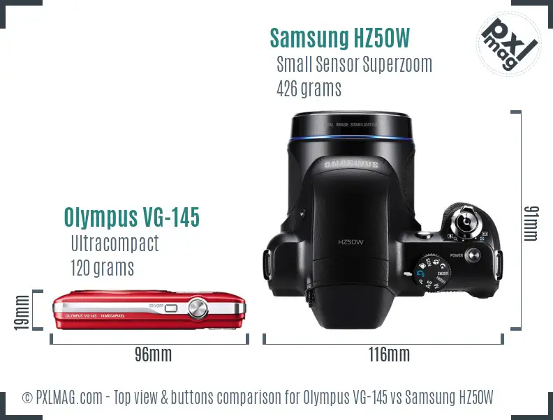 Olympus VG-145 vs Samsung HZ50W top view buttons comparison