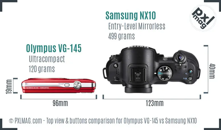 Olympus VG-145 vs Samsung NX10 top view buttons comparison