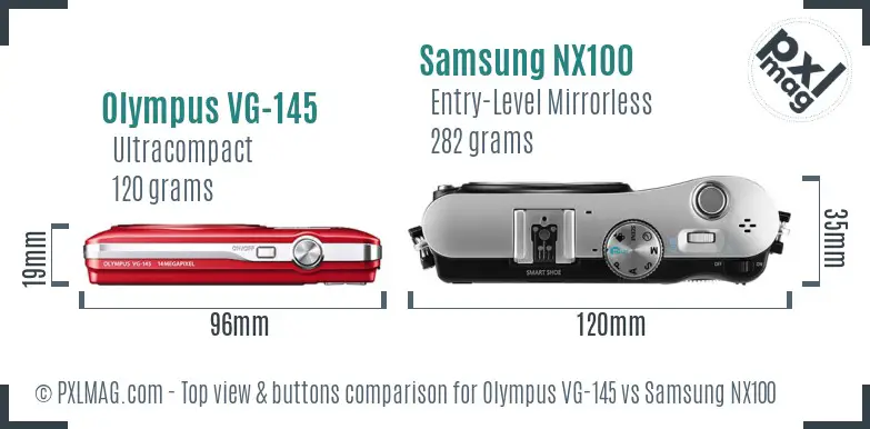 Olympus VG-145 vs Samsung NX100 top view buttons comparison