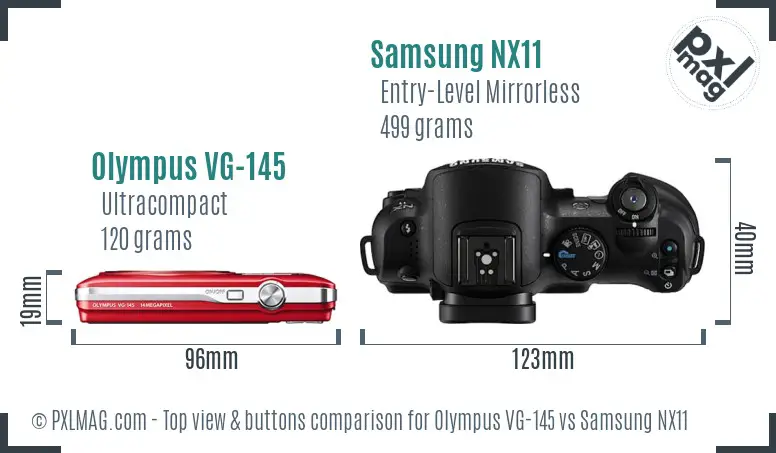 Olympus VG-145 vs Samsung NX11 top view buttons comparison