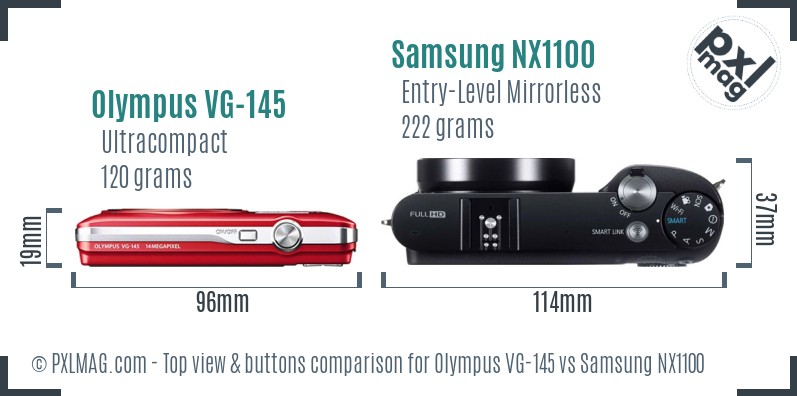Olympus VG-145 vs Samsung NX1100 top view buttons comparison