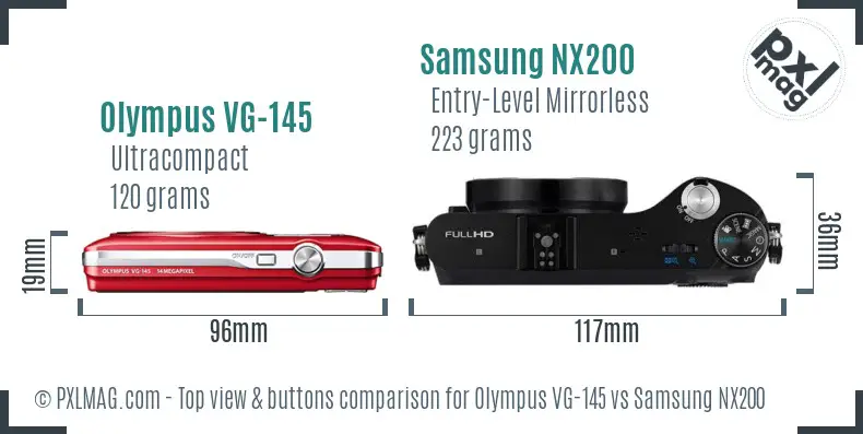 Olympus VG-145 vs Samsung NX200 top view buttons comparison