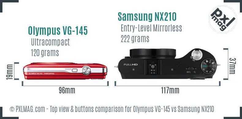 Olympus VG-145 vs Samsung NX210 top view buttons comparison