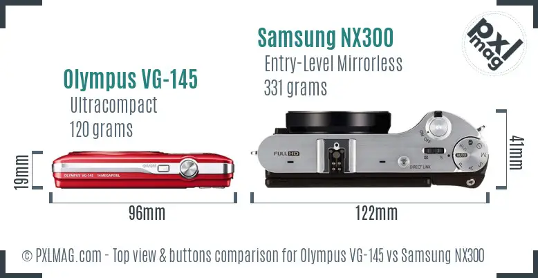 Olympus VG-145 vs Samsung NX300 top view buttons comparison Olympus VG-145 vs Samsung NX300 top view buttons comparison