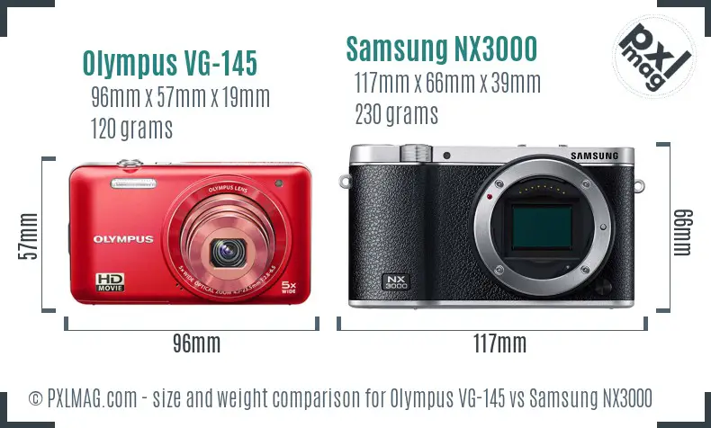 Olympus VG-145 vs Samsung NX3000 size comparison