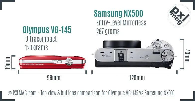 Olympus VG-145 vs Samsung NX500 top view buttons comparison