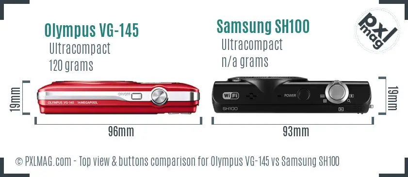 Olympus VG-145 vs Samsung SH100 top view buttons comparison
