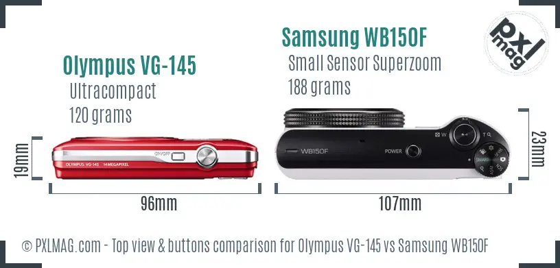 Olympus VG-145 vs Samsung WB150F top view buttons comparison Olympus VG-145 vs Samsung WB150F top view buttons comparison