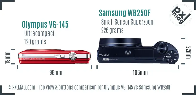 Olympus VG-145 vs Samsung WB250F top view buttons comparison