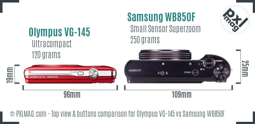 Olympus VG-145 vs Samsung WB850F top view buttons comparison Olympus VG-145 vs Samsung WB850F top view buttons comparison