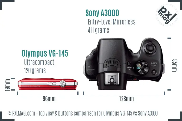 Olympus VG-145 vs Sony A3000 top view buttons comparison Olympus VG-145 vs Sony A3000 top view buttons comparison