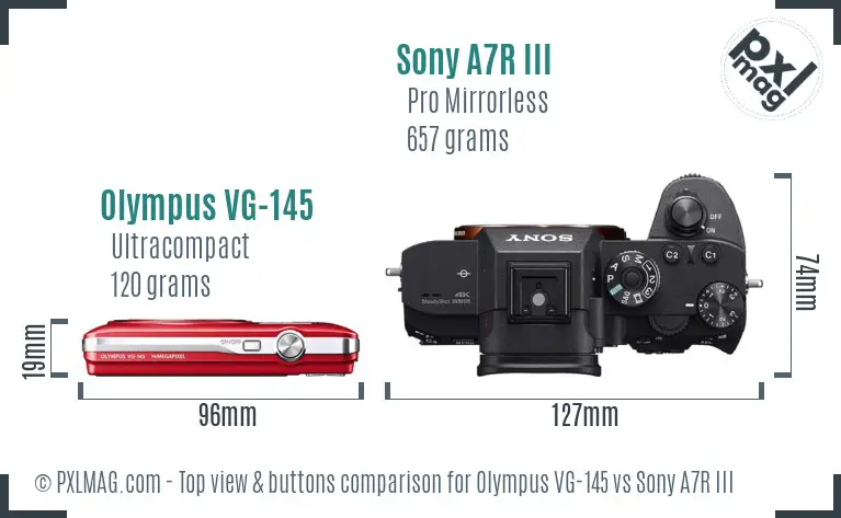 Olympus VG-145 vs Sony A7R III top view buttons comparison