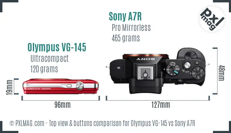 Olympus VG-145 vs Sony A7R top view buttons comparison Olympus VG-145 vs Sony A7R top view buttons comparison
