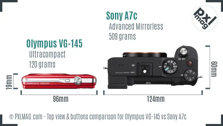 Olympus VG-145 vs Sony A7c top view buttons comparison