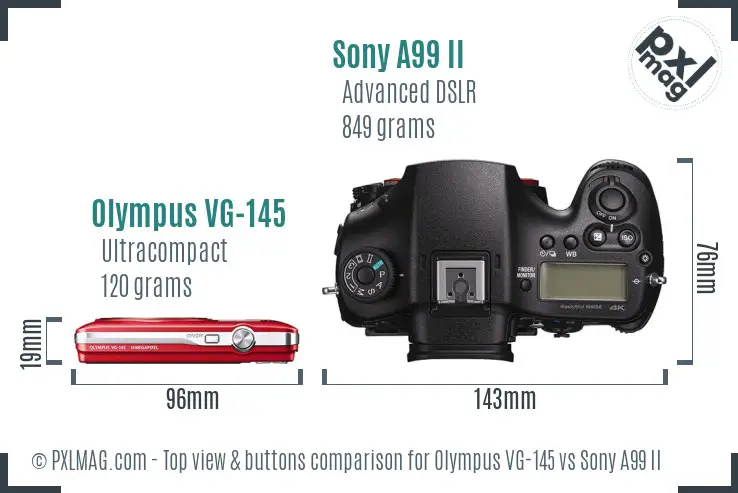 Olympus VG-145 vs Sony A99 II top view buttons comparison