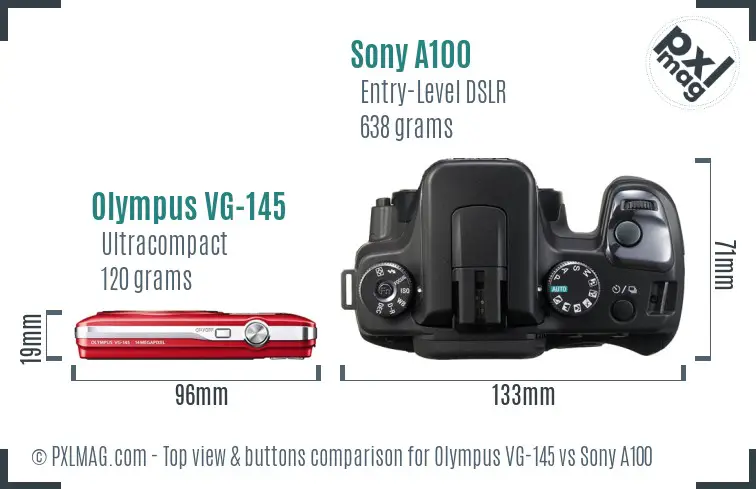 Olympus VG-145 vs Sony A100 top view buttons comparison