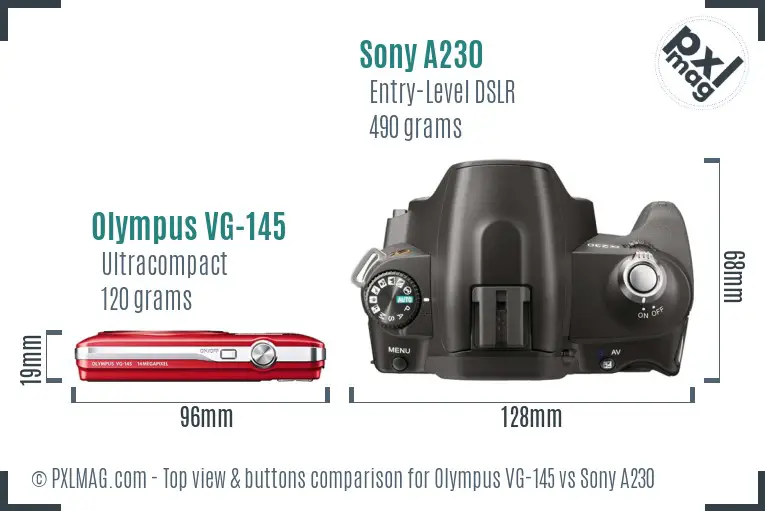 Olympus VG-145 vs Sony A230 top view buttons comparison