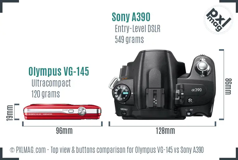 Olympus VG-145 vs Sony A390 top view buttons comparison